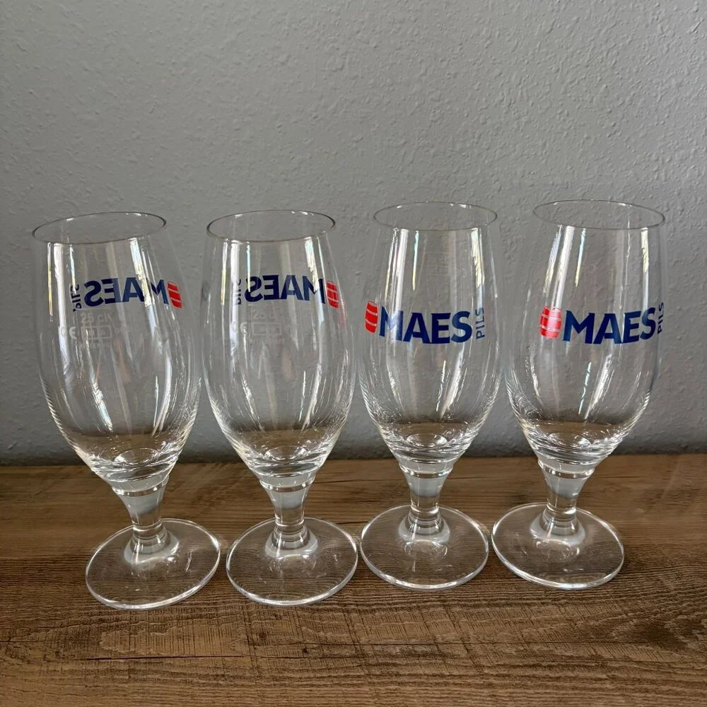 Maes‎ Pils Beer Glass Set of 4 Stemmed Tulip Logo 25cl Belgium Brewery